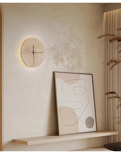 Modern Creative Clock Living Room Wabi Sabi Wall Lamp Nordic Simple Yellow Travertine Restaurant Corridor Circular Sconce Light - BookBuch