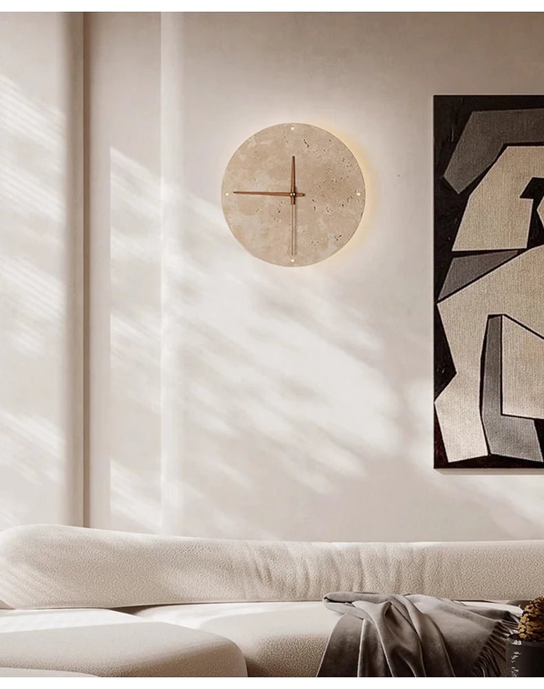Modern Creative Clock Living Room Wabi Sabi Wall Lamp Nordic Simple Yellow Travertine Restaurant Corridor Circular Sconce Light - BookBuch
