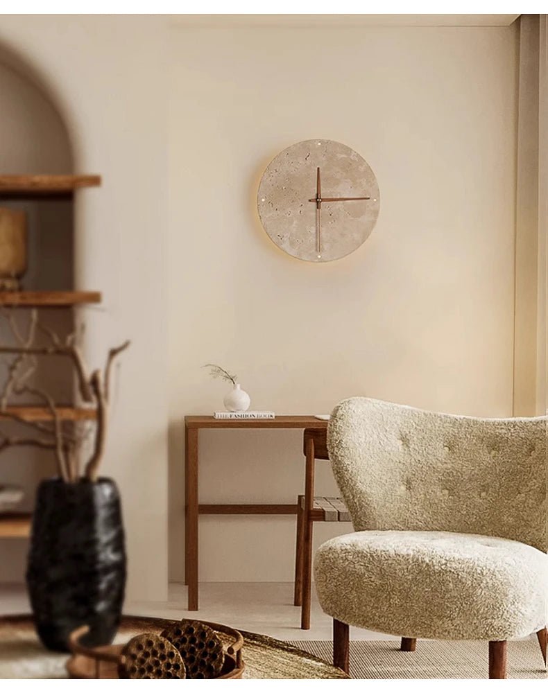 Modern Creative Clock Living Room Wabi Sabi Wall Lamp Nordic Simple Yellow Travertine Restaurant Corridor Circular Sconce Light - BookBuch