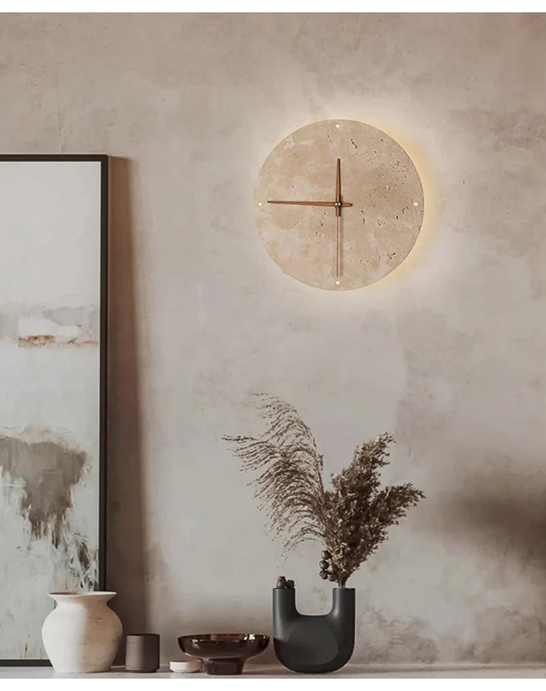 Modern Creative Clock Living Room Wabi Sabi Wall Lamp Nordic Simple Yellow Travertine Restaurant Corridor Circular Sconce Light - BookBuch